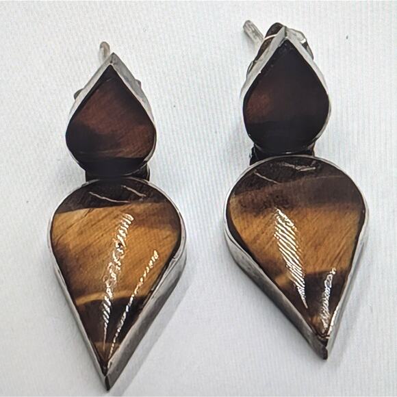 Vintage 925 Sterling Silver Marked Chile Tiger's Eye Hinged Dangle Post Earrings - Picture 1 of 8